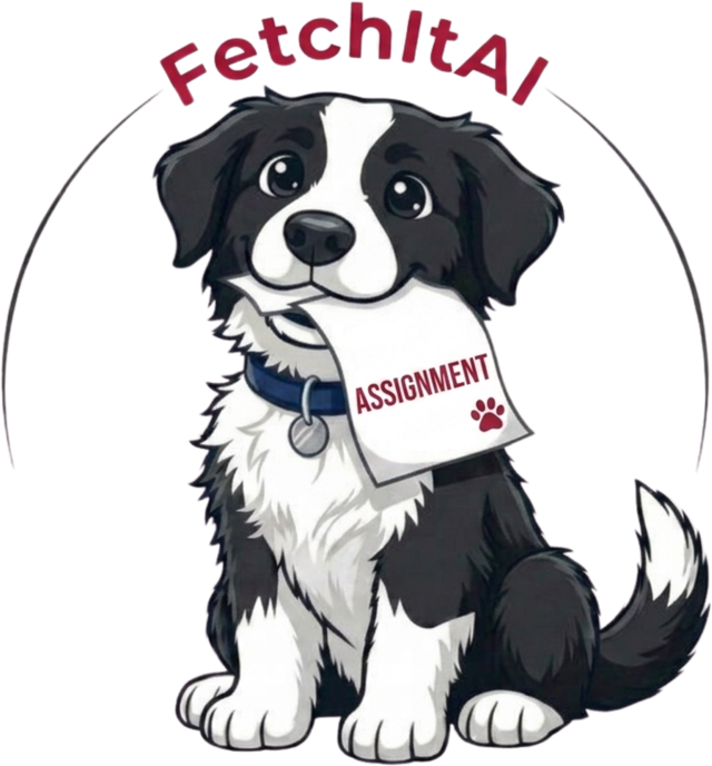 Fetch It AI logo, a cartoon border collie carrying a page marked Assignment